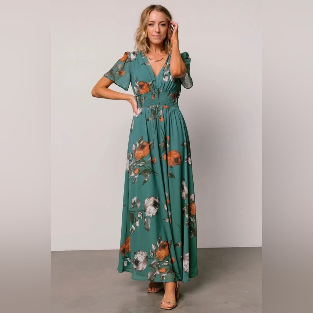 Baltic Born Teal Floral Maxi Dress with Orange and White Blooms
